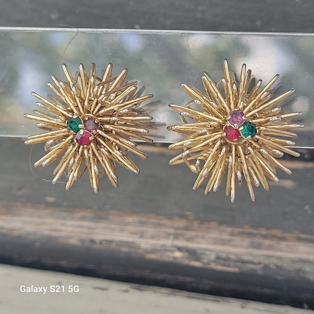Vintage Gold Toned Atomic Burst Styled Earrings with Colorful Gem Accents